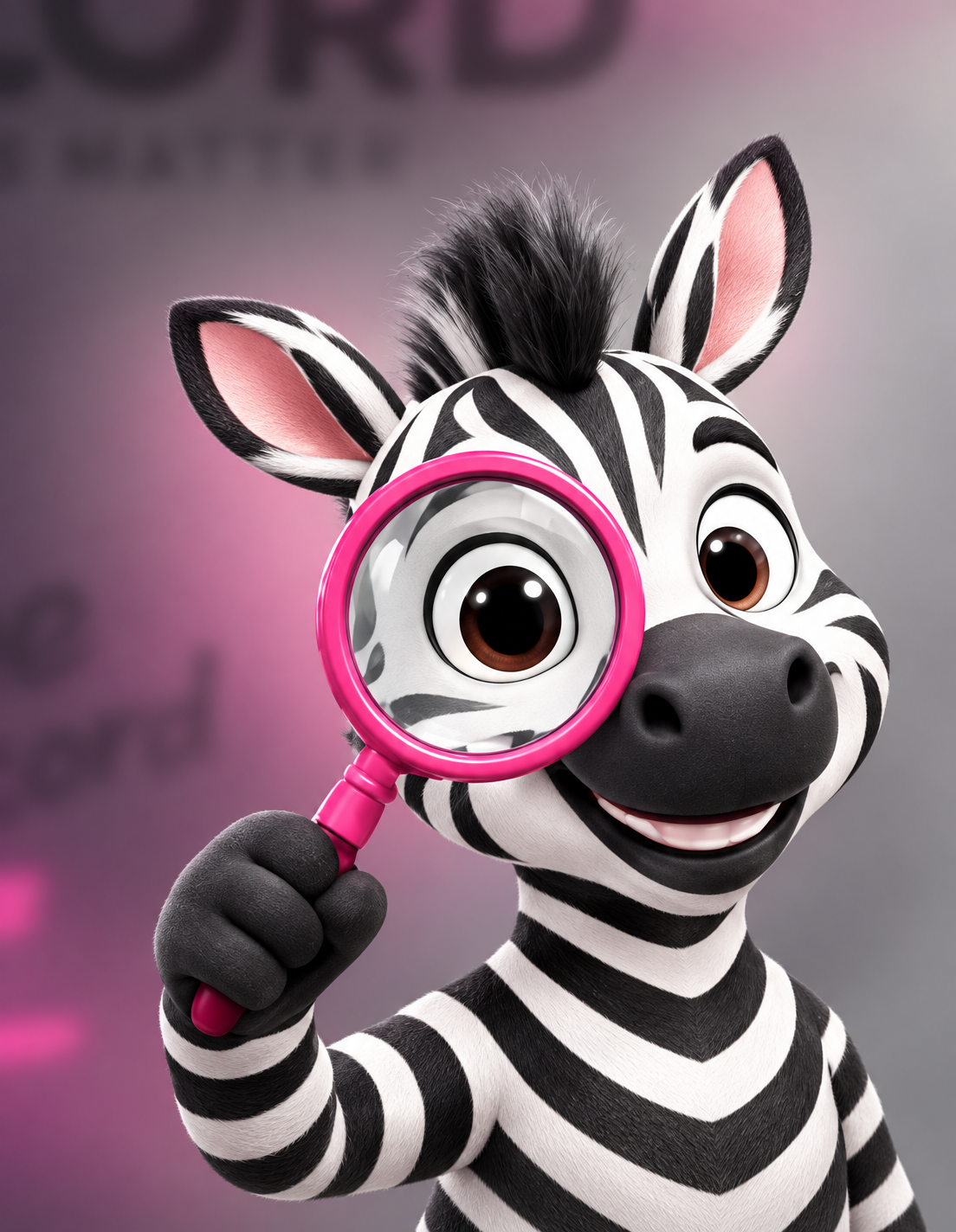 Open Record zebra with pink magnifying glass